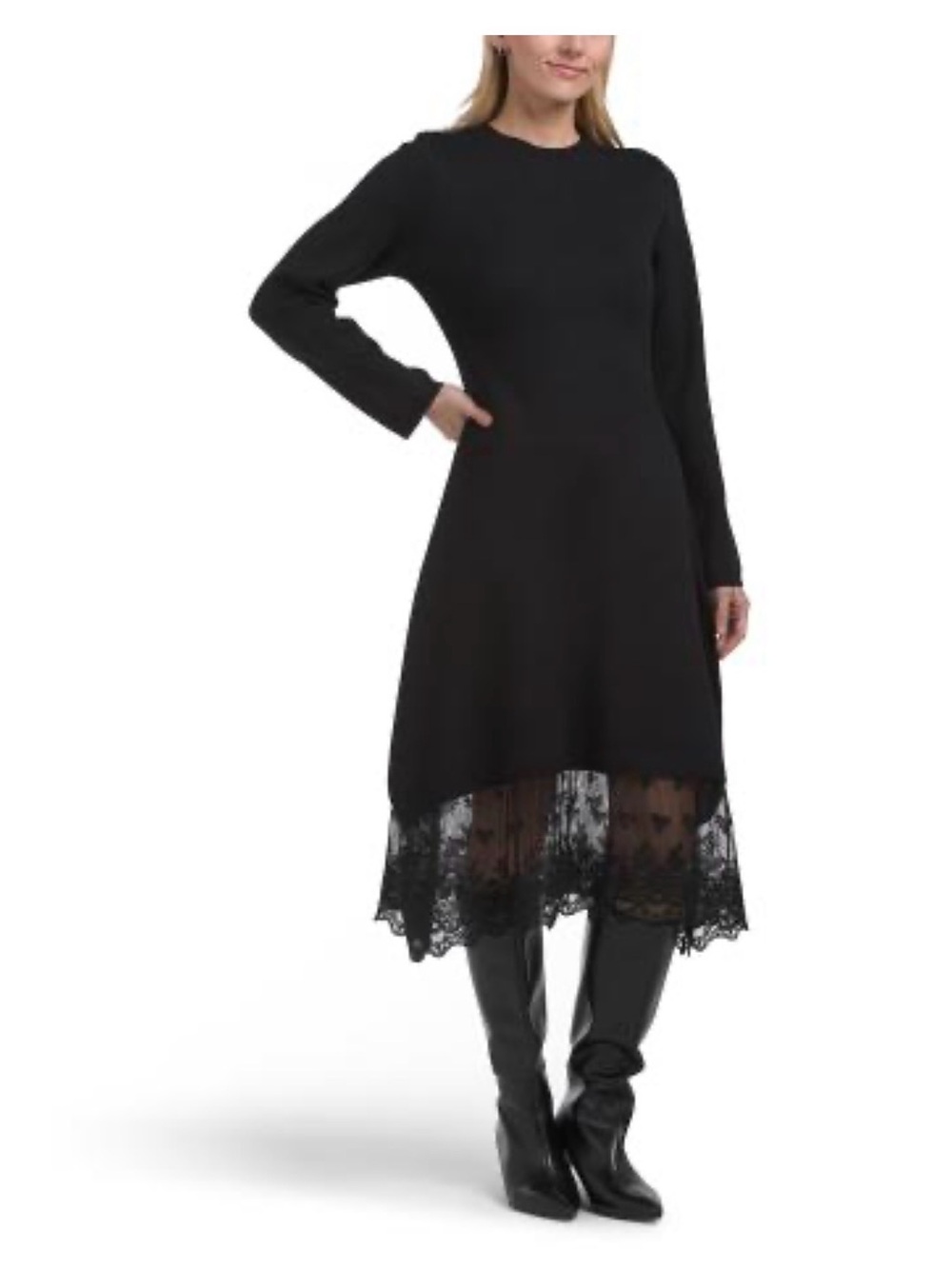 Solitaire Black Long-Sleeve Midi Dress with Lace Hem M NWT